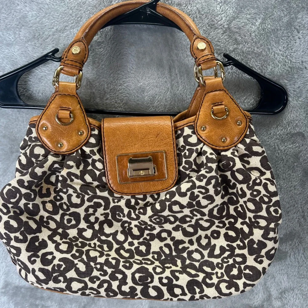 Antonio Melani Leopard Print Canvas‎ Leather Trim Satchel Mob Wife Indie Sleaze
